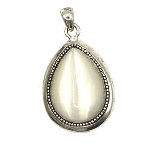 Avon Vintage Teardrop Pendant‎ Silver Tone White Cabochon Filigree Back